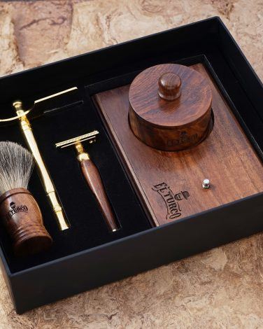 Shaving Set Premium: Safety Razor + Brocha Tejón + Bowl – presentación