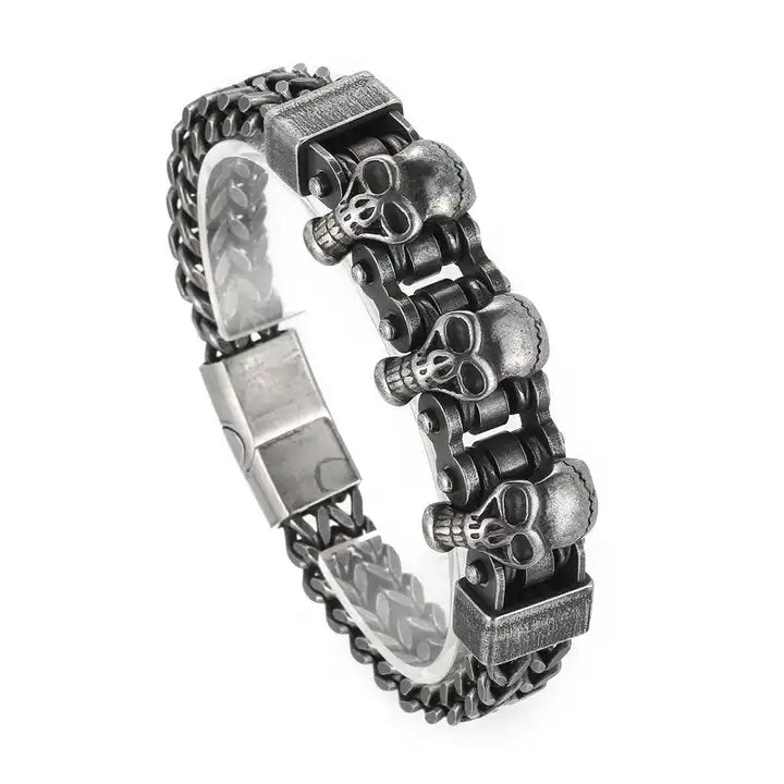 Pulsera Acero Inoxidable 3 Skull 23cm – detalle